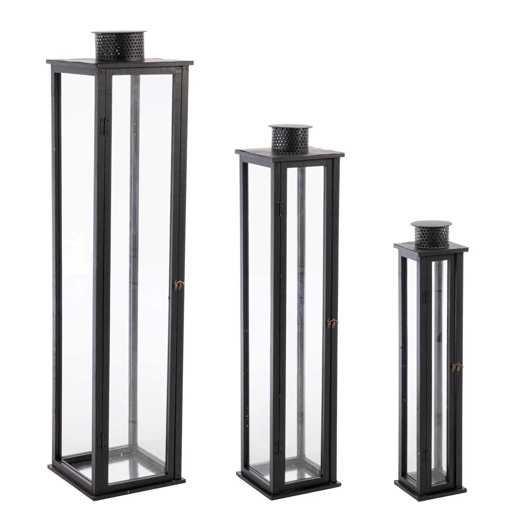 Bizzotto Set 3 Lanterne Torsti Nero Legno, Vetro e Metallo