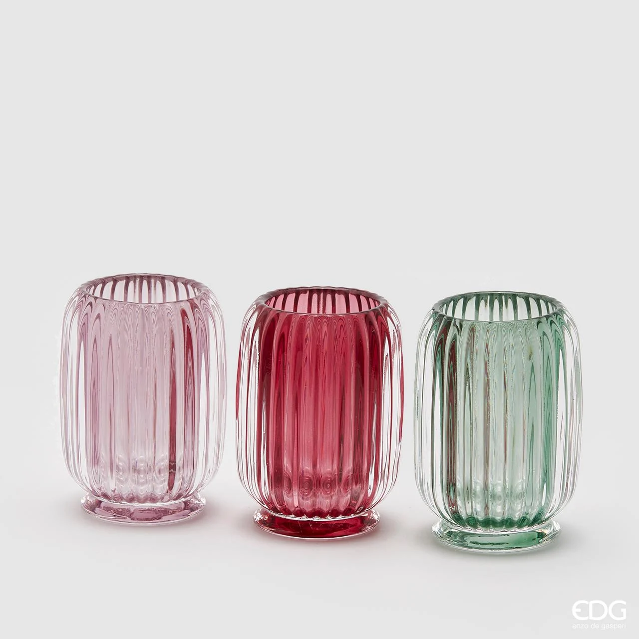 EDG Enzo De Gasperi Portacandela Righe Bombato H12 D9 Green Pink 3 Pezzi