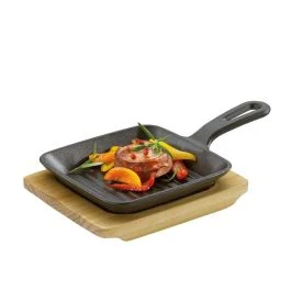 PADELLA GRILL IN GHISA CON SUPPORTO IN LEGNO QUADRO