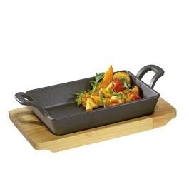 PADELLA GRILL IN GHISA CON SUPPORTO IN LEGNO RETTANGOLARE