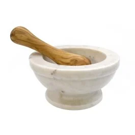 TIGULLIO MORTAIO MARMO BIANCO CON PESTELLO ULIVO CM 14