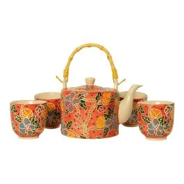 PECHINO SET TEIERA CON MANICO BAMBOO E 4 TAZZE ARANCIO