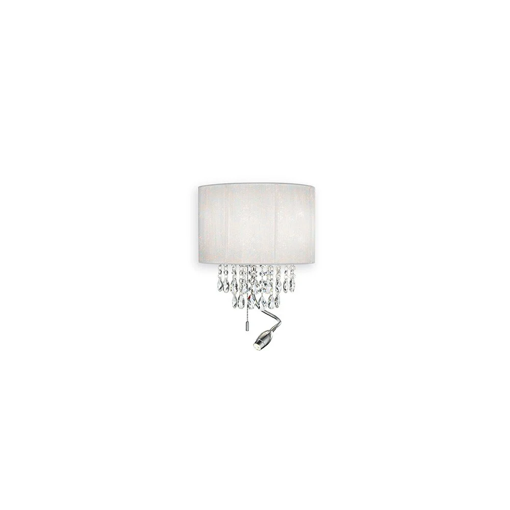 Applique Opera in metallo con paralume argento, bianco o nero in lamina di pvc con riflessi metallizzati e rivestita da fili