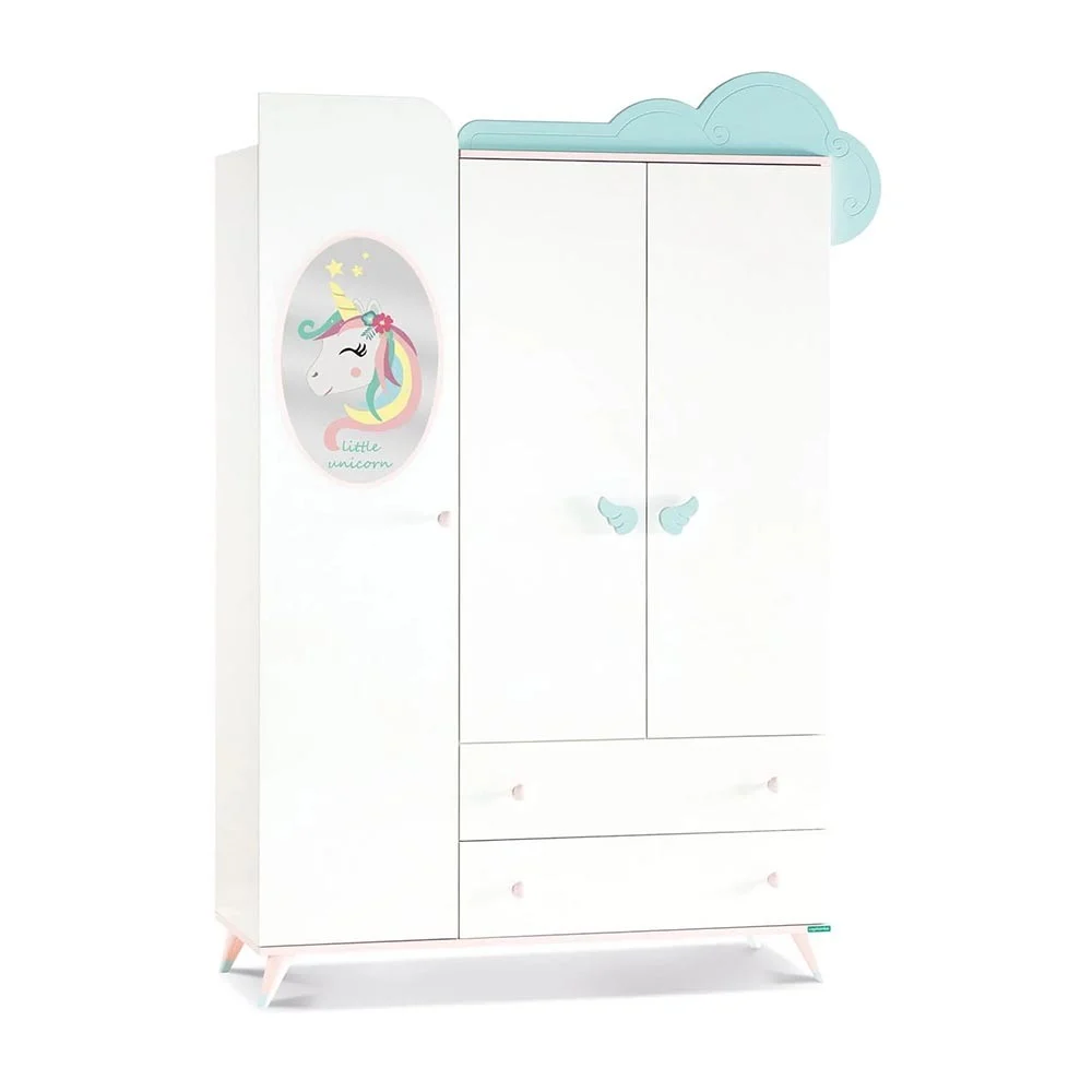 Armadio Linea Unicorno a 3 ante e due cassetti con decorazioni e rifiniture motivo Unicorno