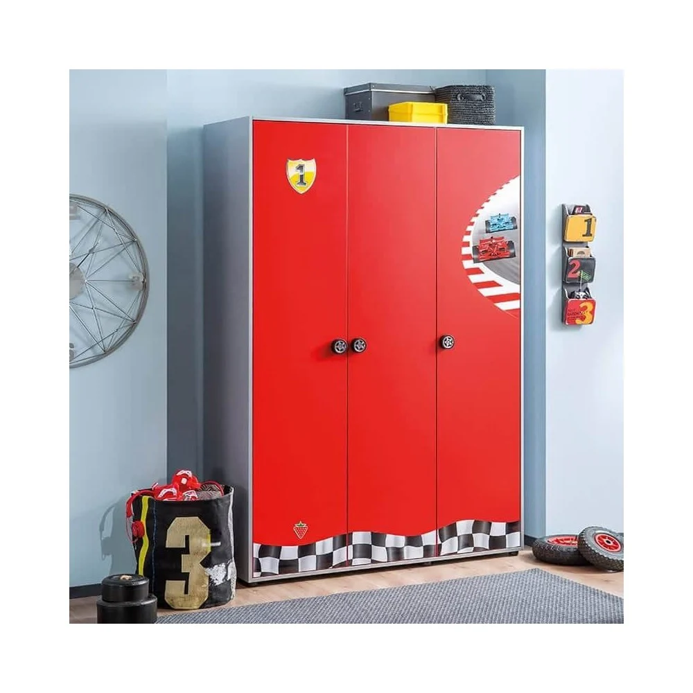 Cilek Armadio Racecup in Legno con 3 Ante, Disponibile nel Colore Rosso