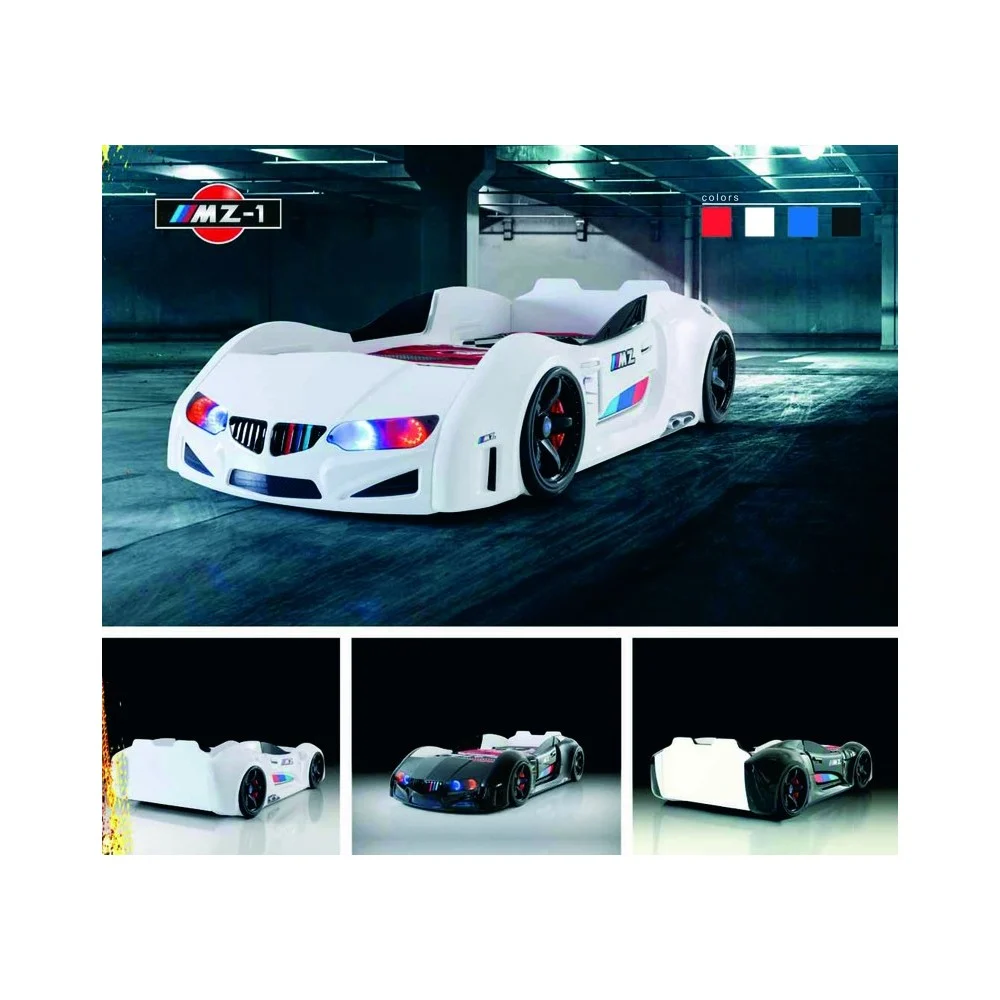 Letto a forma di auto Bmw MZ ECO-1 con struttura in legno mdf e rivestito in abs. Luci nei fari e con comando e 4 suoni