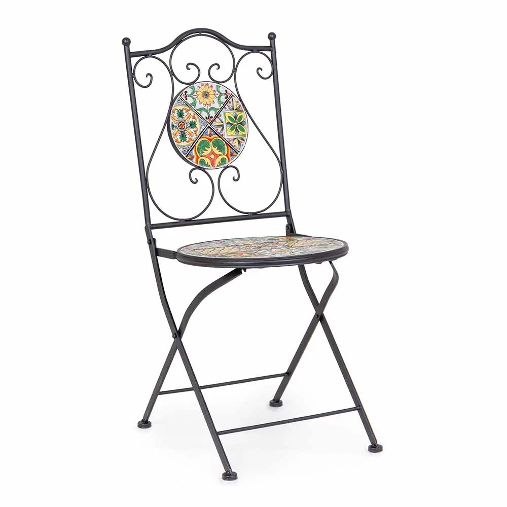 Bizzotto sedia Naxos con struttura in acciaio per esterno, con seduta e schienale con decoro in ceramica