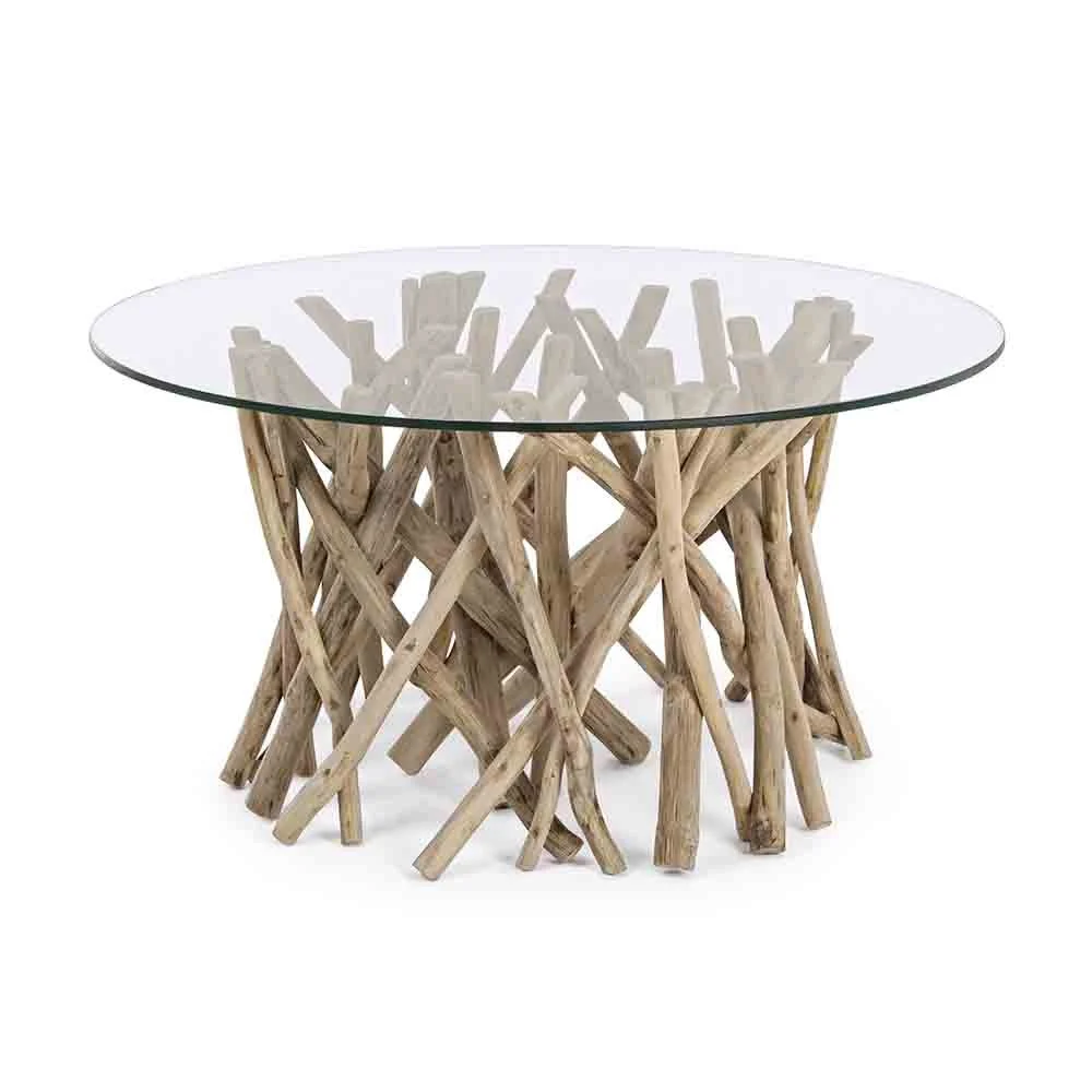 Bizzotto tavolino da salotto Samira con base in tronchi di teak e piano in vetro temperato