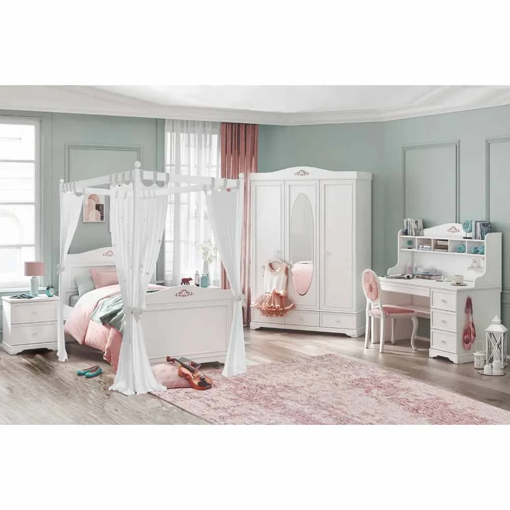 Cilek Cameretta completa per bambine Rustic White con letto, armadio, comodino, scrivania e sedia