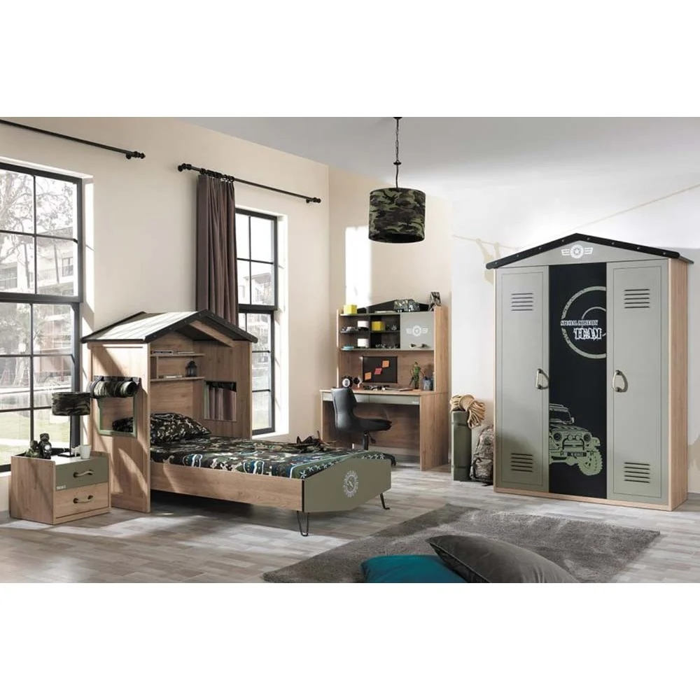 Cameretta completa per bambini Camp con letto singolo, comodino, armadio e scrivania