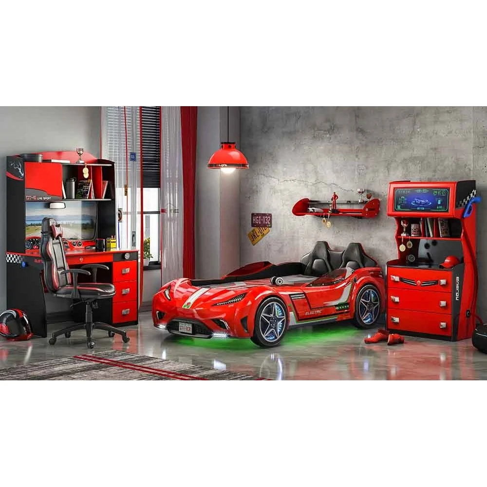 Cilek Cameretta completa per bambini Champion Racer con autoletto, scrivania, cassettiera, mensola, sedia e lampada