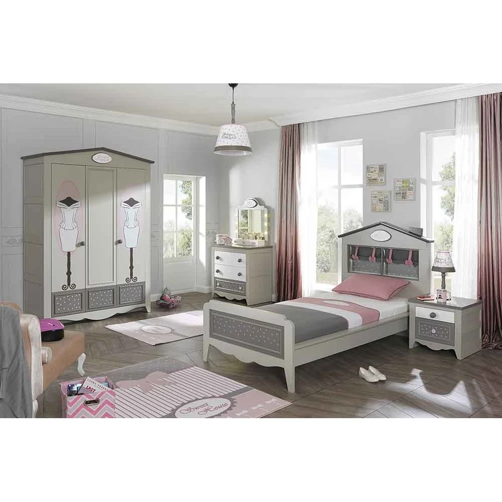 Cameretta completa per ragazze Pretty con letto, armadio, comodino, como, lampada e lampadario