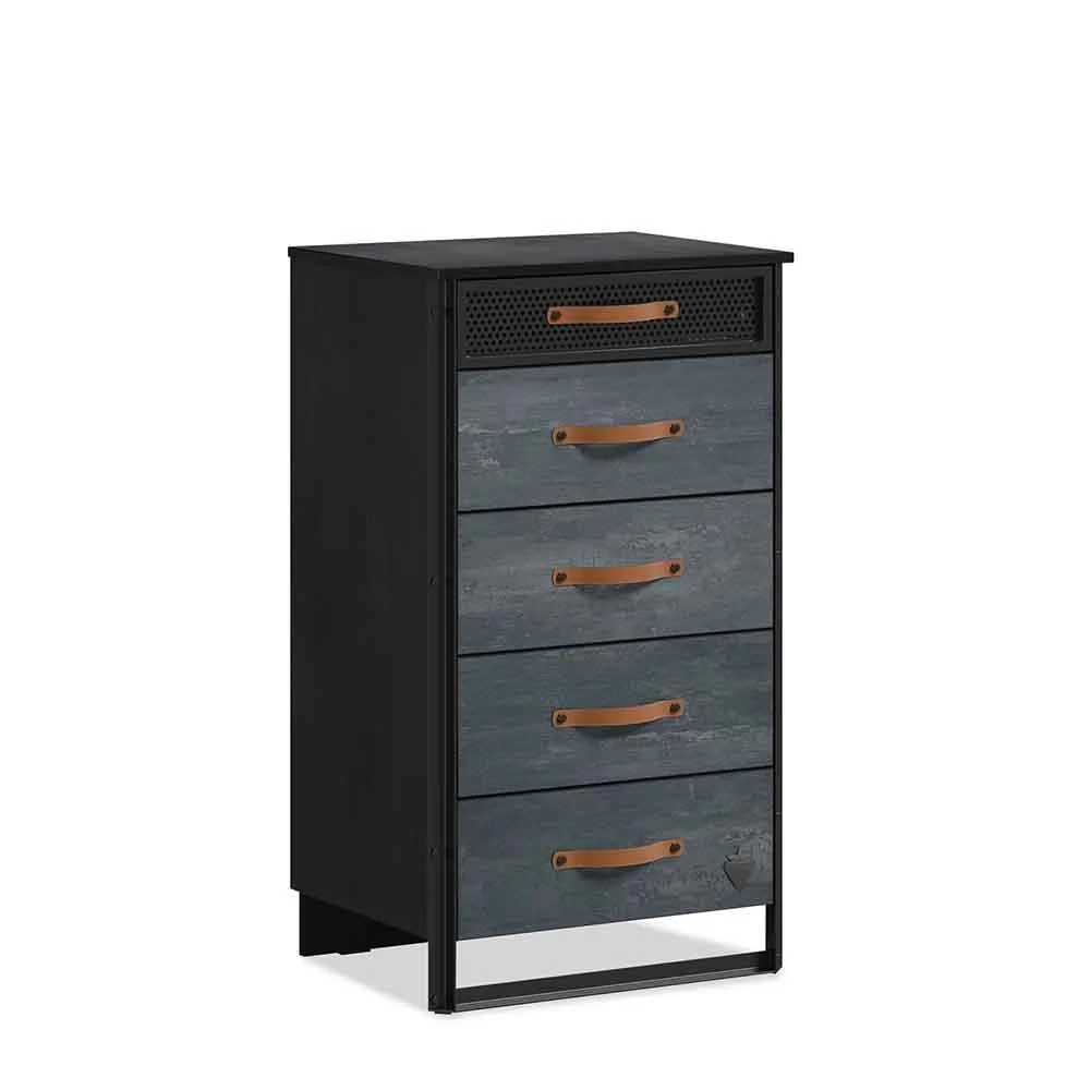 Cilek Cassettiera alta Dark Metal struttura in legno e maniglie in cuoio