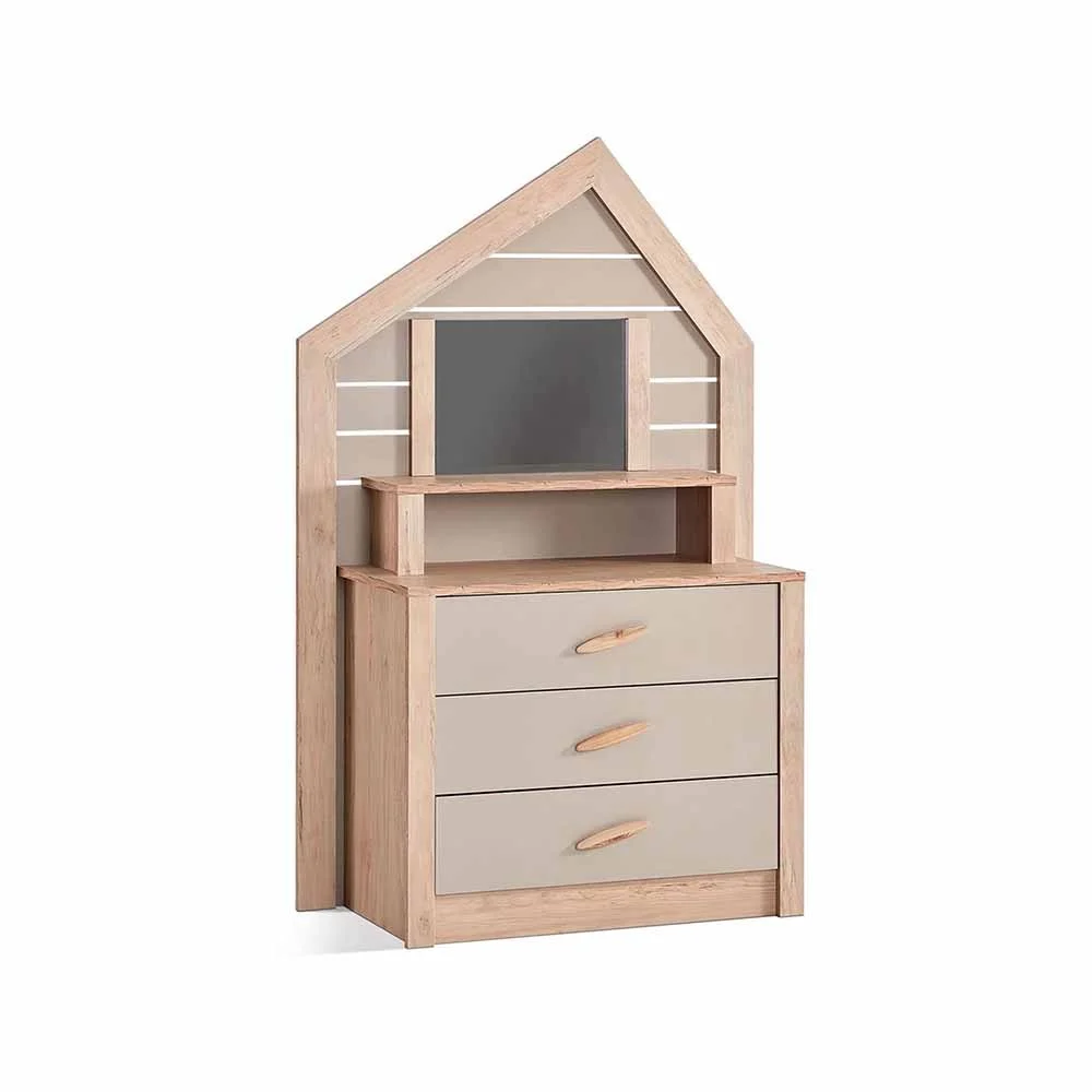 Cassettiera con tre ampi cassetti, vano portaoggetti e specchio, a forma di casa della Linea My House