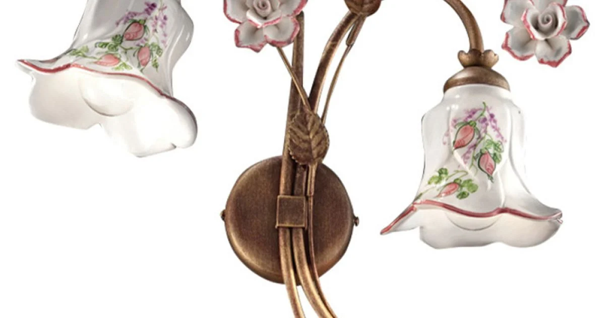 Applique a 2 Luci in Metallo e Ceramica Decorata a Mano con Rosa - Pisa