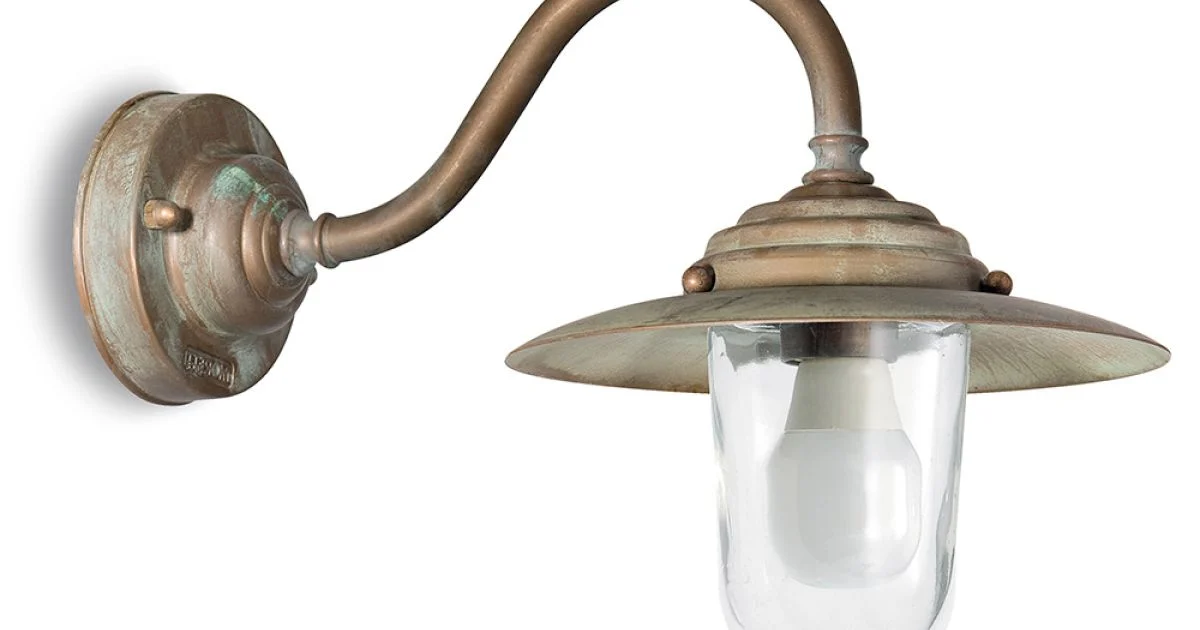 Applique in Ottone Vintage da Esterno, Vetro Trasparente IP44 - Elfico
