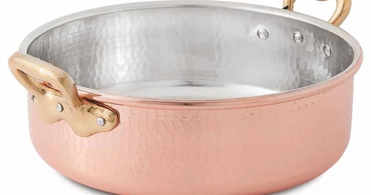 Casseruola Bassa in Rame Stagnato a Mano, Tonda con 2 Manici 20 cm - Gianfranco
