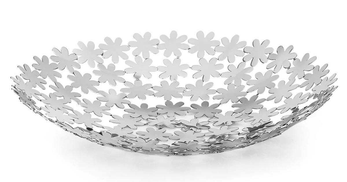 Centrotavola Svuotatasche Tondo Metallo Argentato Decoro Fiore - Terraceo