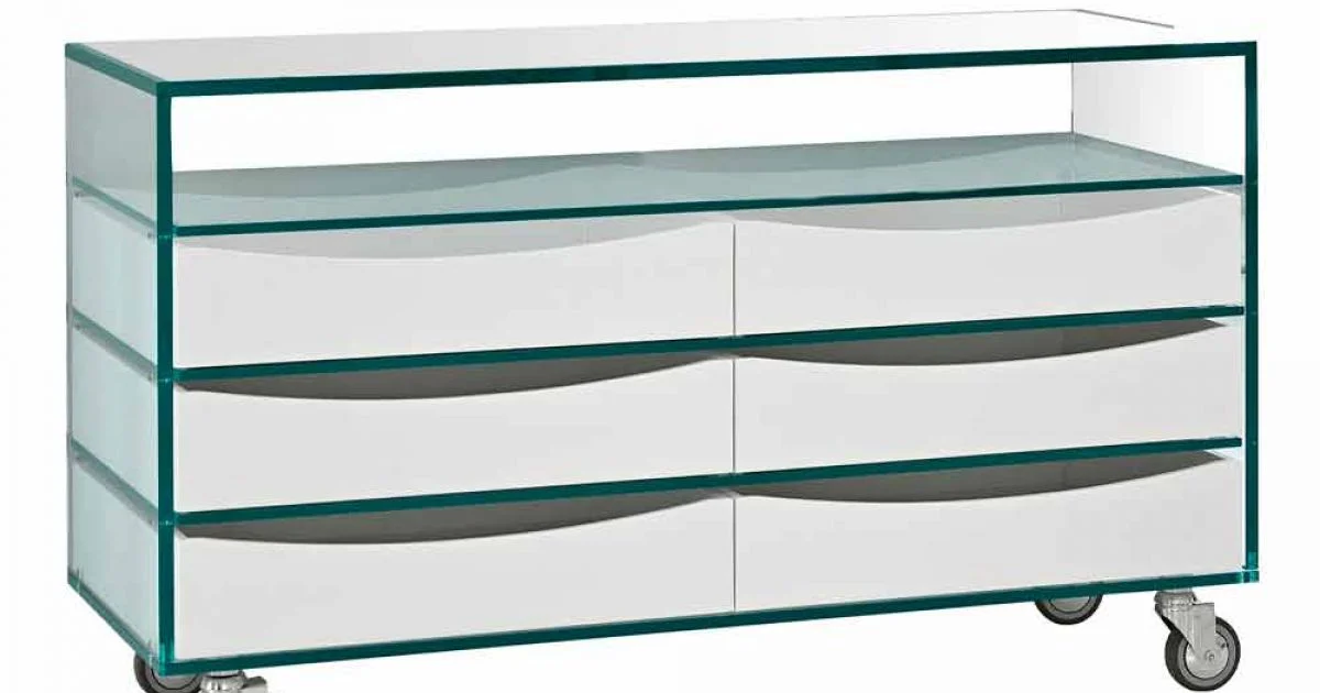 Comò in Vetro Extrachiaro con Sei Cassetti in Legno Bianco Made in Italy – Ganzo