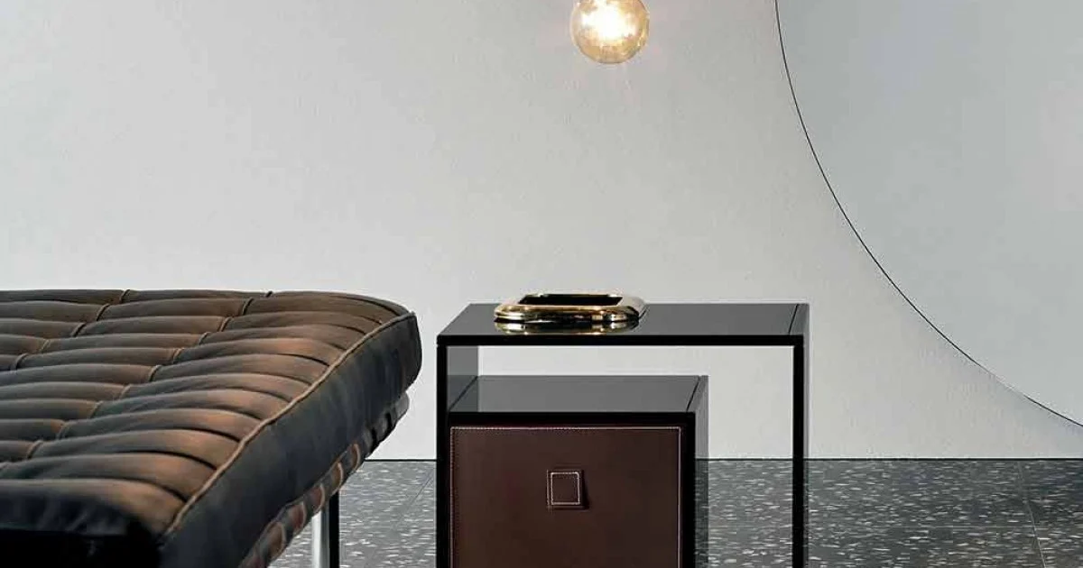 Comodino Tavolino in Vetro Fumè con Cassetto in Cuoio 2 Dimensioni - Linzy