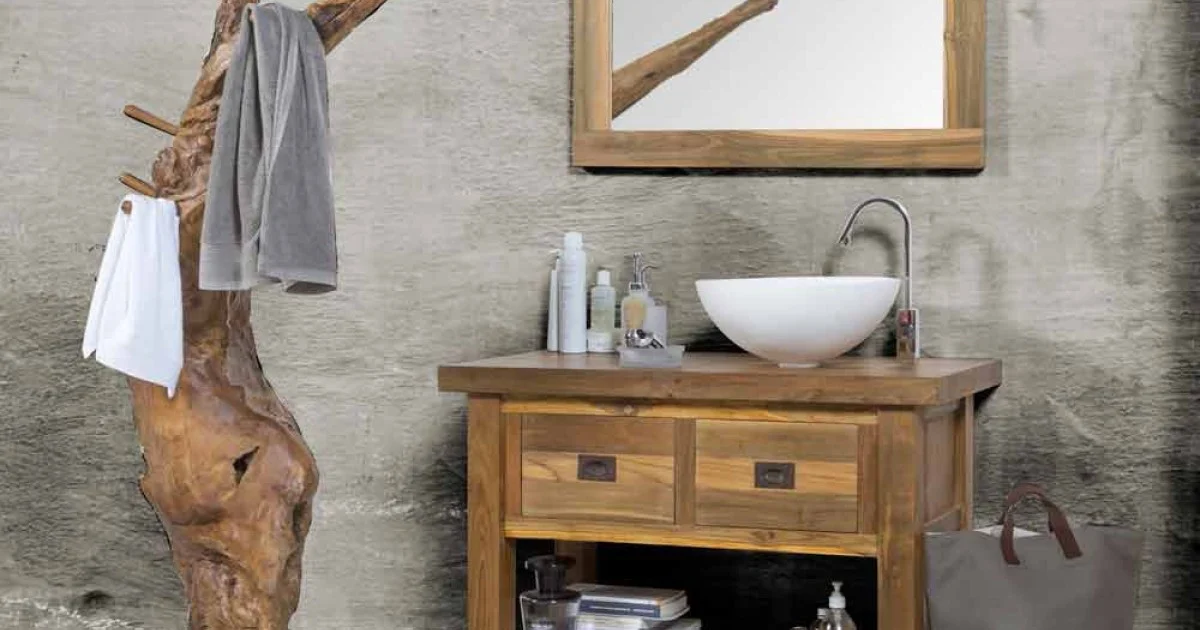 Composizione 3 Mobili Bagno in Legno di Teak con Lavabo in Resina - Essence