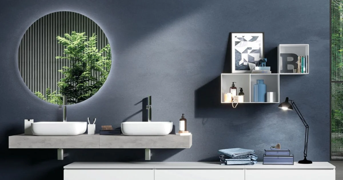 Composizione Bagno Color Cemento e Bianco Lucido con Lavabo, Specchio e Base - Palom