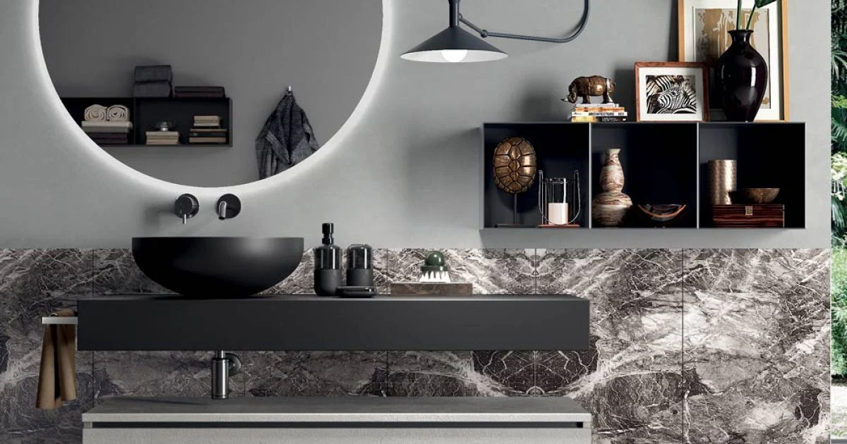 Composizione Bagno Completa di Specchio, Lavabo, Base e Top Made in Italy - Palom