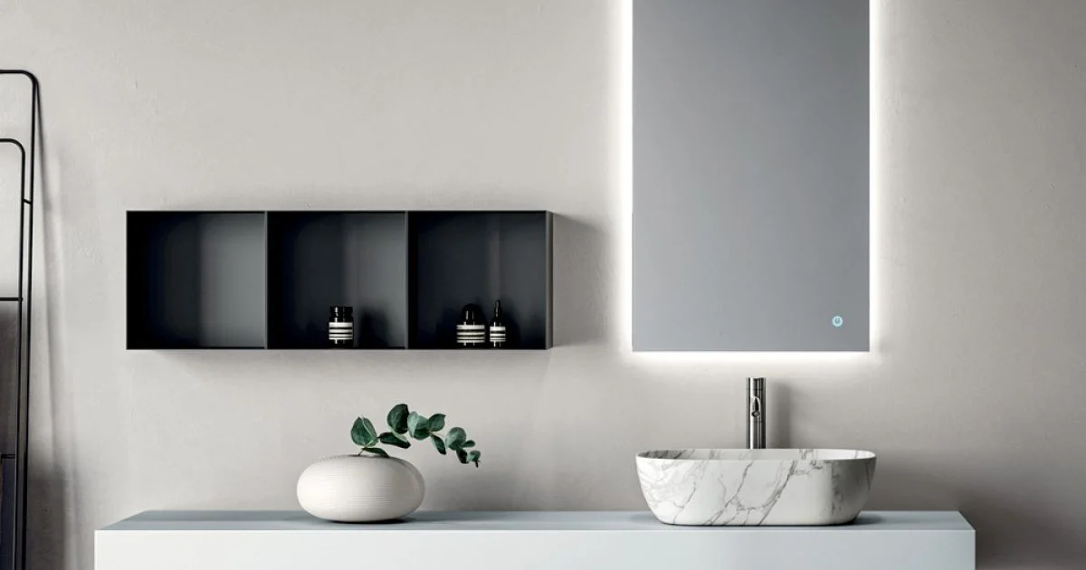Composizione Bagno Composta da Mensola con Lavabo, Pensili e Specchio - Velaria