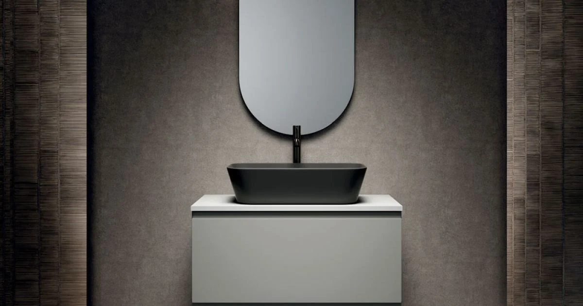 Composizione Bagno con 1 Cassetto, Lavabo in Resina Antracite e Specchio - Titan