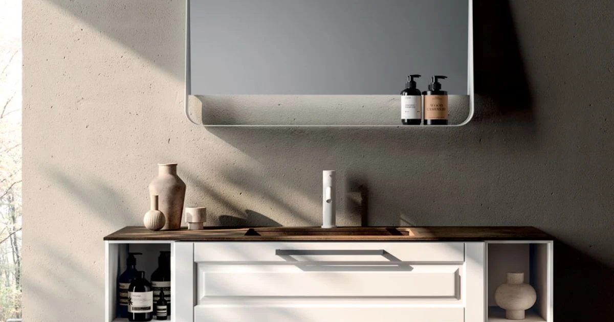Composizione Bagno con 2 Cassetti e 2 Vani a Giorno, Specchio e Lavabo - Magnolia