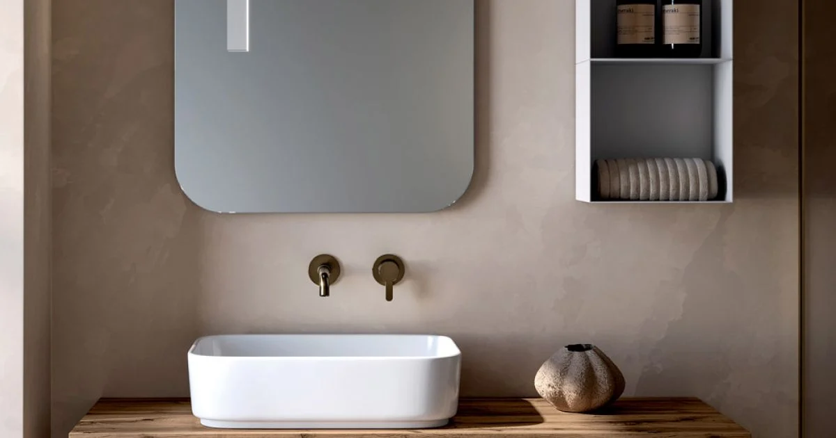 Composizione Bagno con 2 Cassetti in Quercia, Lavabo in Ceramica e Specchio - Titan