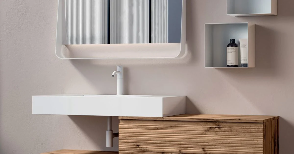 Composizione Bagno con 2 Cassetti, Lavabo Bianco, Specchio e Pensili - Elios