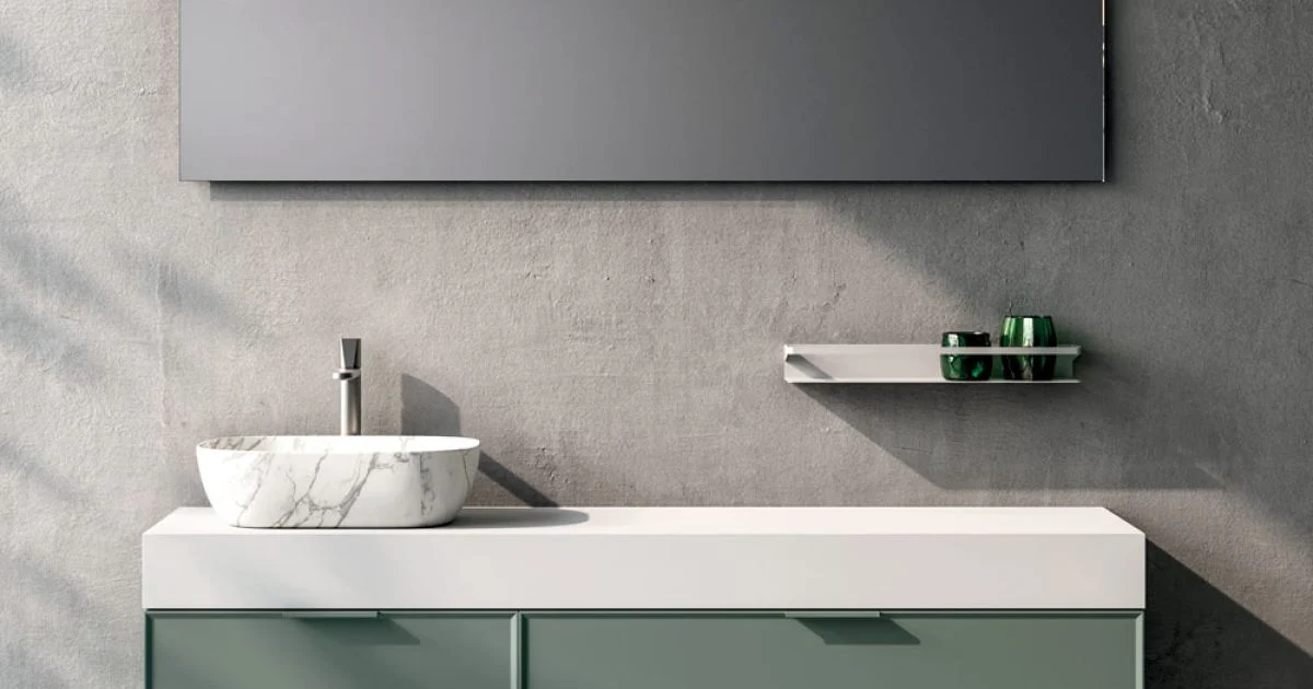 Composizione Bagno con 2 Cassetti, Lavabo in Ceramica Calacatta e Specchio - Orione