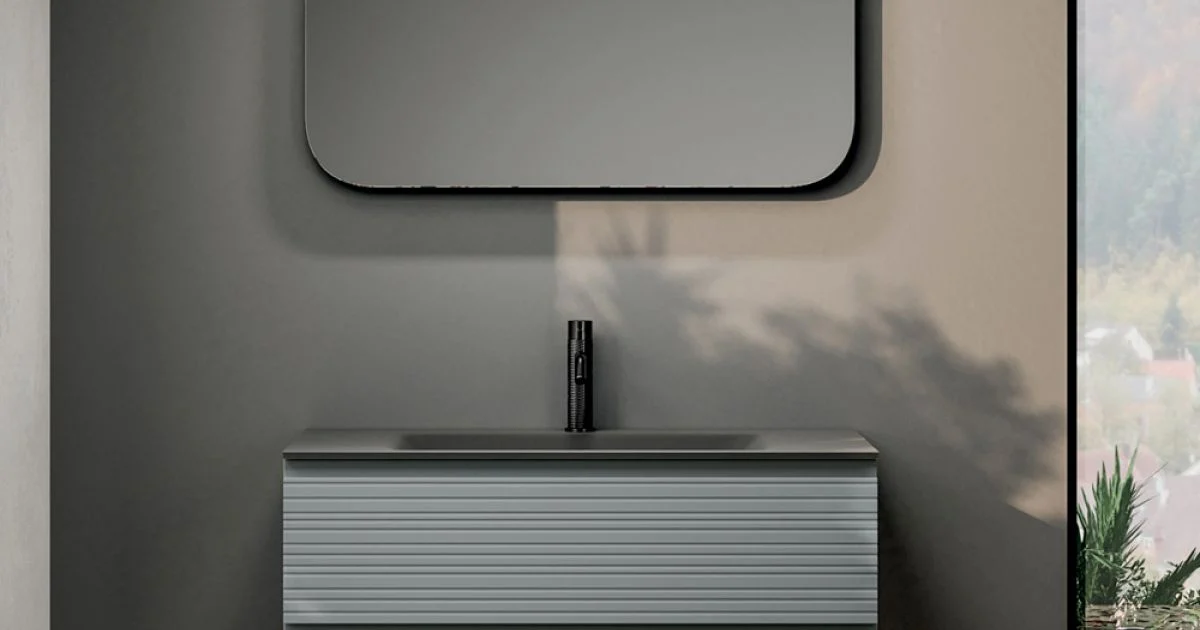 Composizione Bagno con 2 Cassetti, Lavabo in Vetro Grigio e Specchio - Elios