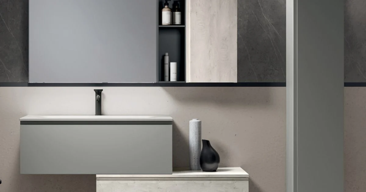 Composizione Bagno con 2 Cassetti, Pensile, Colonna e Specchio - Titan