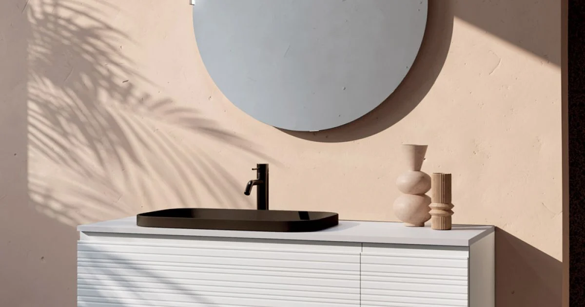 Composizione Bagno con 4 Cassetti, Lavabo in Ceramica Nero e Specchio - Elios