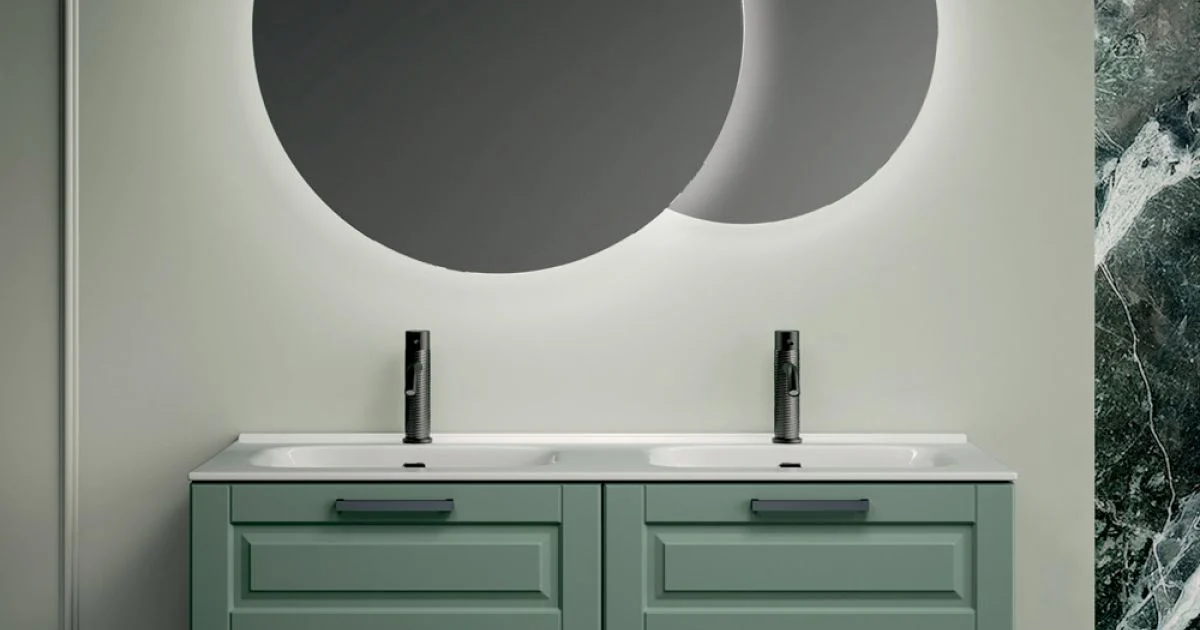 Composizione Bagno con 4 Cassetti Verde Salvia, Specchio e Lavabi - Magnolia