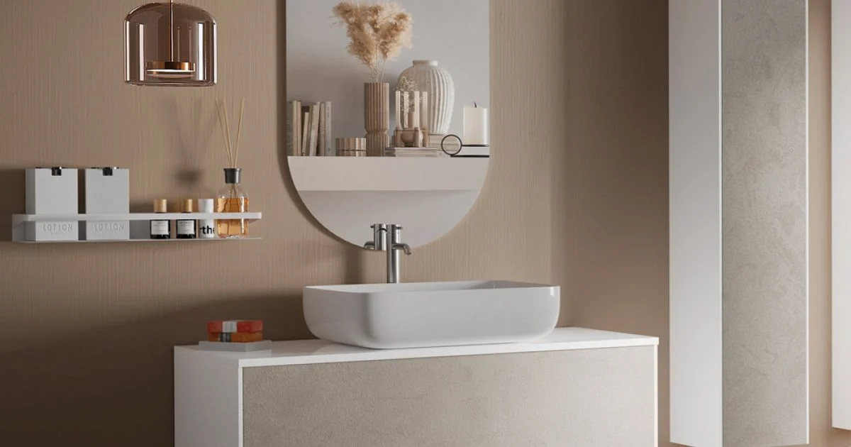 Composizione Bagno con Base Pietra Avana, Specchio e Lavabo Made in Italy - Kilos