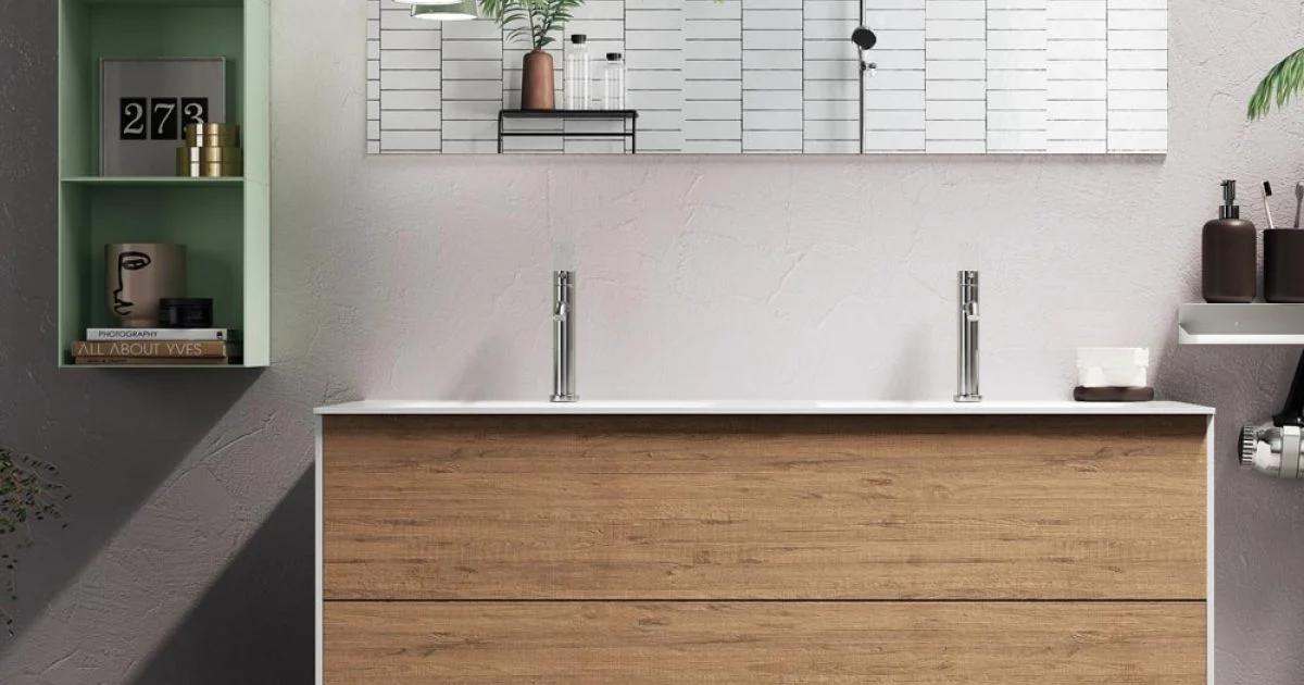Composizione Bagno con Base Rovere Miele, Lavabo e Specchio Made in Italy - Kilos