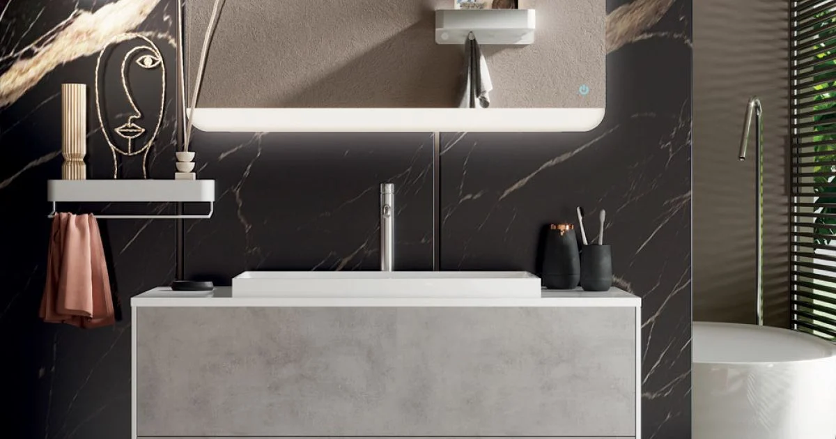 Composizione Bagno con Base, Specchio e Lavabo in Resina Made in Italy - Kilos