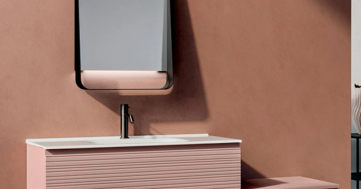 Composizione Bagno con Cassetti Rosa Cipria, Lavabo e Specchio - Elios
