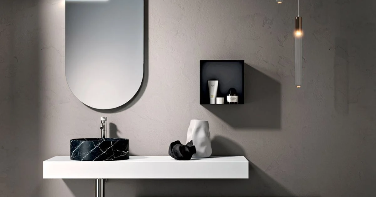 Composizione Bagno con Cassetto, Lavabo, Specchio, Pensile e Mensola - Elios