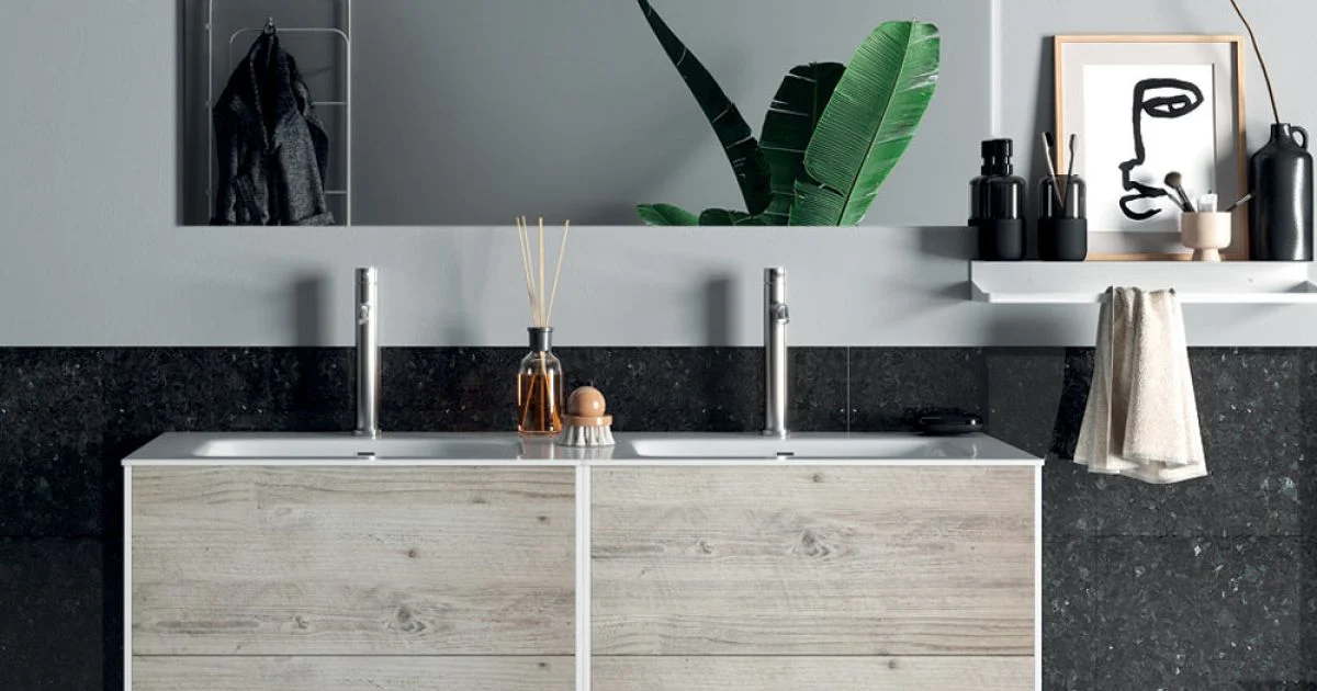 Composizione Bagno con Specchio, Lavabo Doppio e Base Made in Italy - Kilos