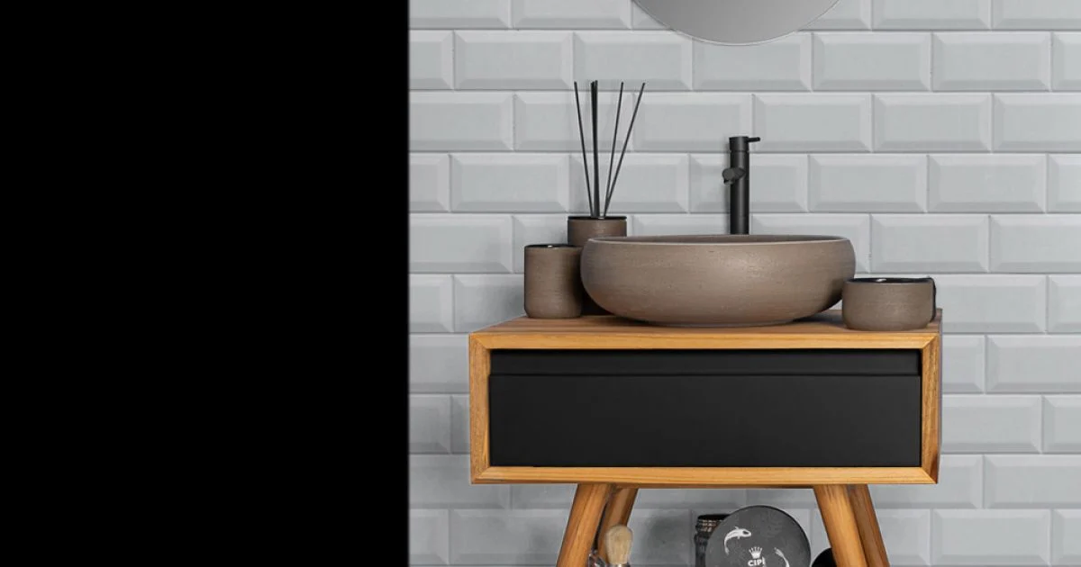 Composizione da Bagno con Mobile in Teak, Lavabo e Accessori  - Carolie
