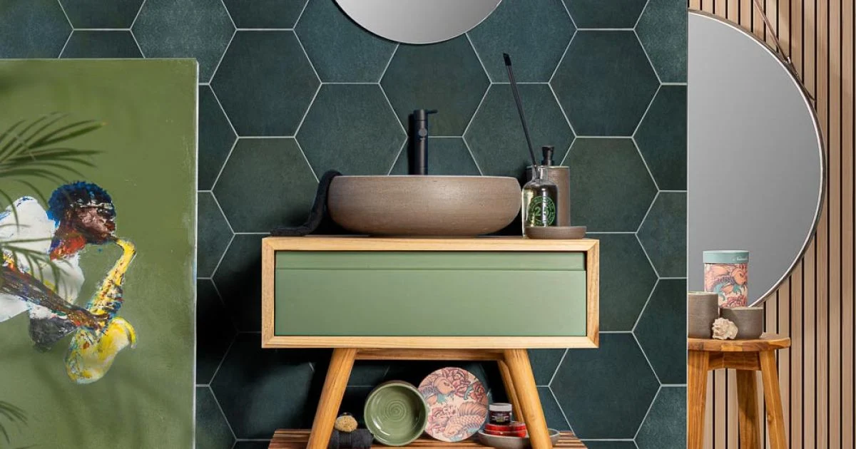 Composizione Arredo Bagno con Mobile in Teak Naturale e Lavabo  - Carolie