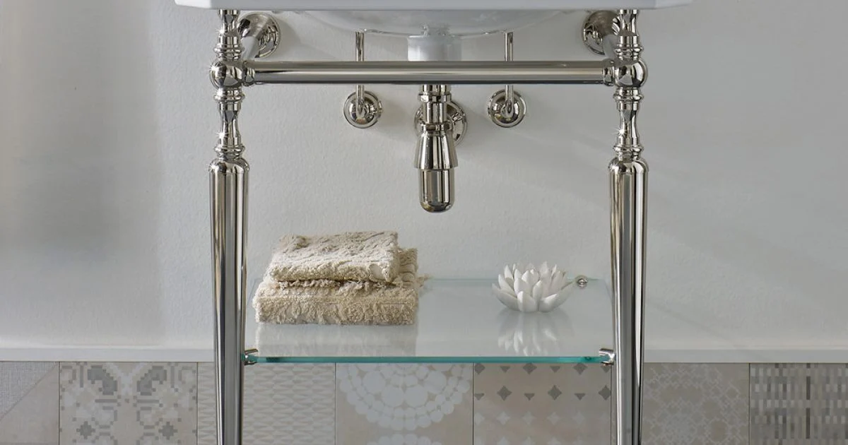 Consolle Bagno L 65 cm Ceramica e Piedi in Metallo Vintage Made in Italy Nausica