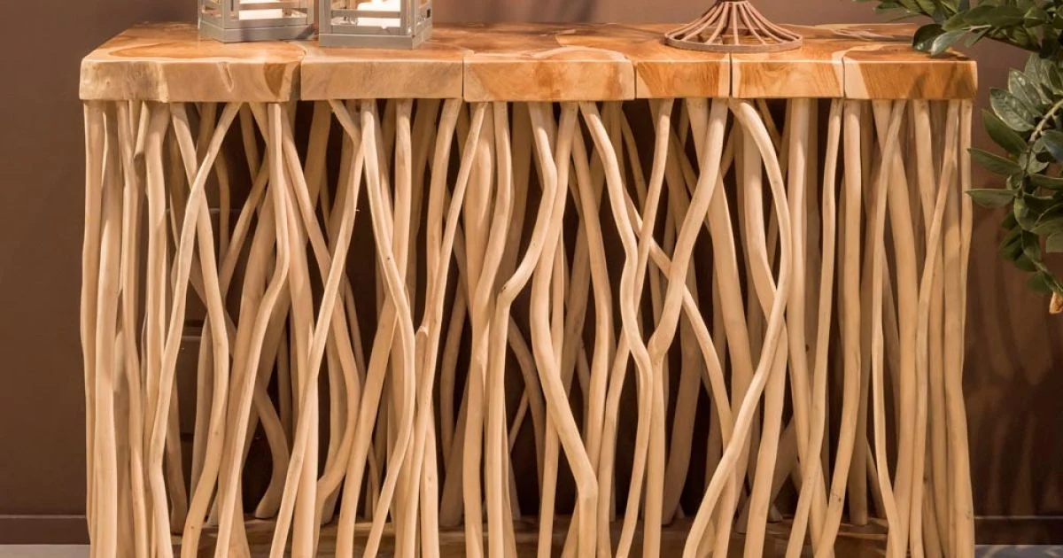 Consolle con Piano e Steli di Teak Massello Naturale - Rodin