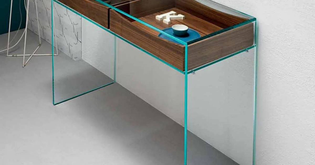 Consolle da Ingresso in Vetro Extrachiaro con 2 Cassetti Noce Canaletto - Selex