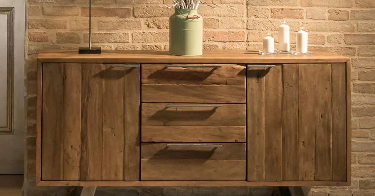 Credenza da Salotto con 2 Ante e 3 Cassetti in Legno Tropicale Riciclato - Slide