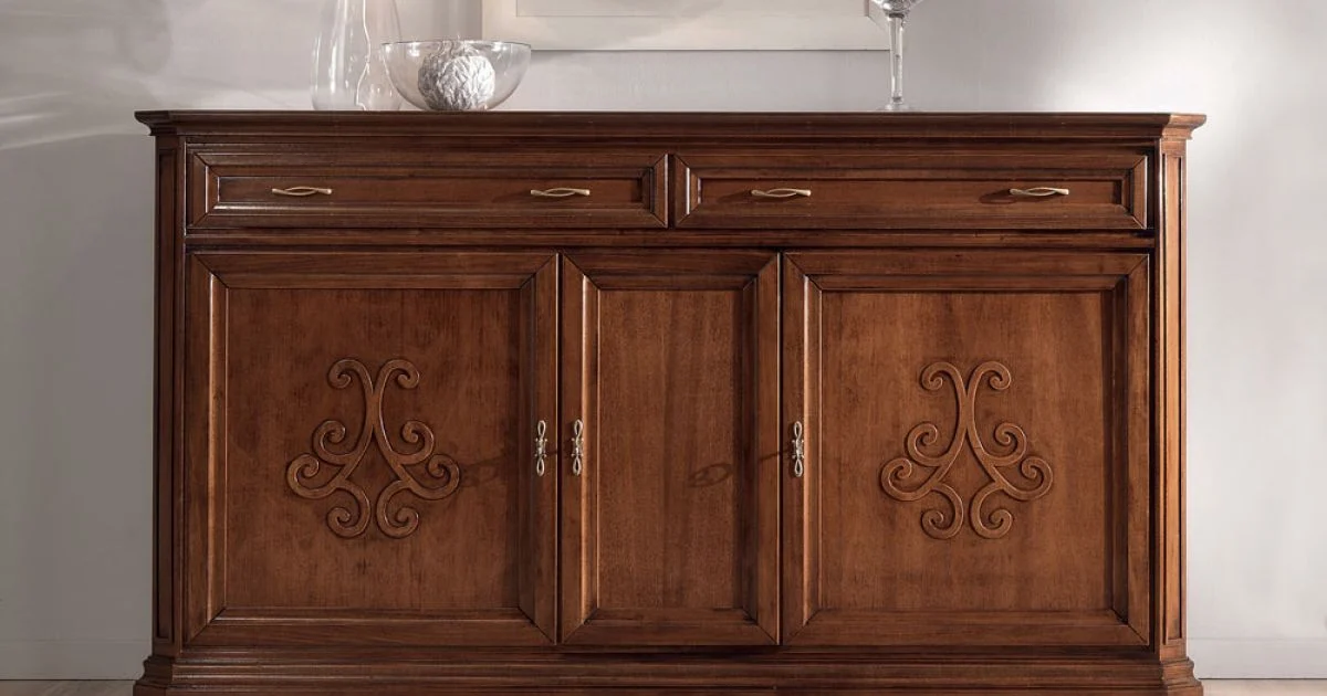 Credenza in Legno Finitura Noce Patinato con Decoro Giglio Made in Italy - Ciliegia